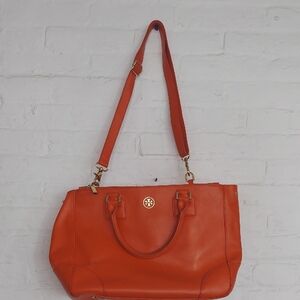 Tory Burch Robinson Double Zip Tote Handbag , Orange Saffiano Leather